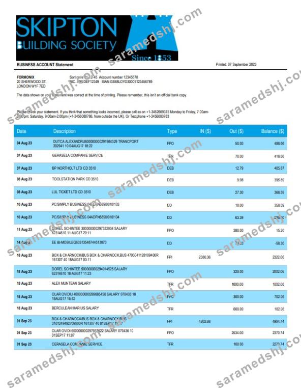 Skipton Building Society Bank firm account statement Word and PDF template